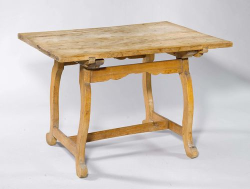RUSTIC TABLE,late Baroque, Switzerland. Pinewood and walnut. Rectangular top and curved legs. 106x84x74 cm.