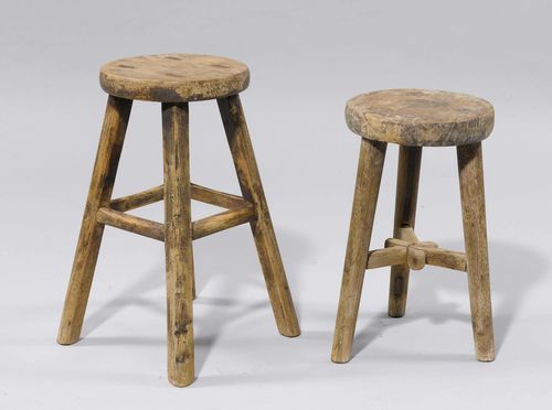 TWO ROUND STOOLS,in the rustic style. Ash. Round seat, one with 3, the other with 4 legs. D 27, H 52 cm and D26, H 46 cm.