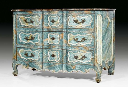 PAINTED COMMODE,Louis XV, France, 18th century. Shaped and blue/grey painted wood.  "En arbalete" front with 3 drawers. Bronze mounts. 134x64x95 cm.