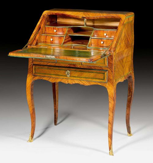 LADY'S DESK,Louis XV, Paris circa 1760. Tulipwood, rosewood, and partly dyed precious woods in veneer with rich inlays. Fall-front writing surface lined with gold-stamped green leather over 2 drawers, the top drawer divided in 2. Secret compartment. Gilt bronze mounts and sabots. Freestanding. 65x40x(open 60)x95.