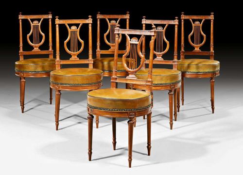 SET OF 6 CHAIRS "A LA REINE",Louis XVI, attributed to G. JACOB (Georges Jacob, maitre 1765), Paris circa 1775/80. Fluted, pierced and carved mahogany with shells and frieze. Brown leather cover. Restorations. 48x41x44x86 cm.