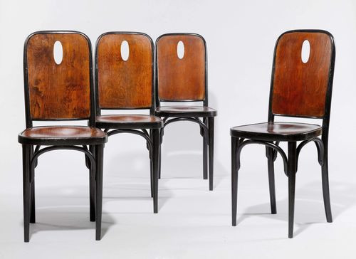 Attributed to JOSEPH HOFFMANN. SUITE OF 4 CHAIRS, designed ca. 1900 for Jakob & Josef Kohn Blackened beech and plywood. 40x51x95 cm. Such chairs were part of the furniture of the Café Odeon in Zurich at the beginning of the 20th century.