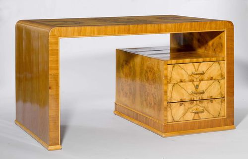 WRITING DESK,Art Deco. Rosewood and burlwood. Rectangular top. Body with 3 drawers. Brass mounts. With key. 140x78x80 cm.