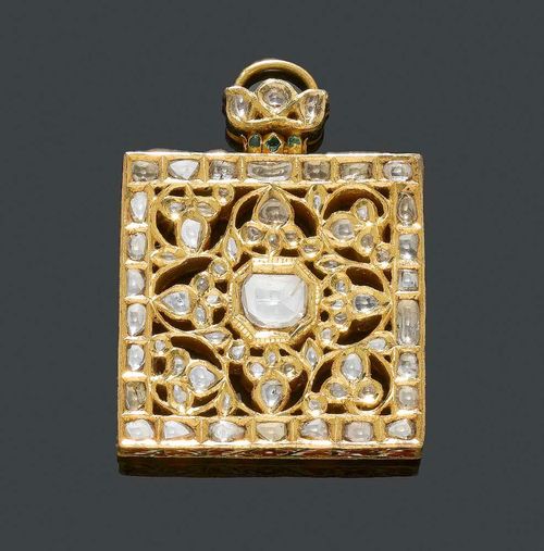 DIAMOND AND ENAMEL TAWIZAN PENDANT, end of the 18th century. Exceptional, square gold pendant, the surface open-worked on both sides and set with 142 table-cut diamonds in settings with enclosed backs. The lateral sides adorned with white-red-green enamel, safed chalwan, minimal damage. The eyelet with a lotus blossom motif is additionally adorned with 6 diamonds and green enamel. Literature: - Indian Jewellery, Bijoux Indiens, Editor E. Markevitch, Sotheby's 1987. - A similar piece is described in the Auction catalogue Phillips Geneva 2001 Lot 56.
