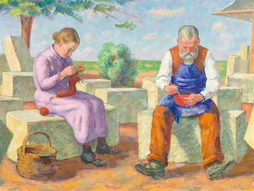 BOSS, EDUARD (Muri 1873 - 1958 Bern) Der Steinmetz und seine Frau. 1937. (the stonemason and his wife) Oil on canvas. Signed and dated lower right: E. Boss. 37. 60 x 80 cm.