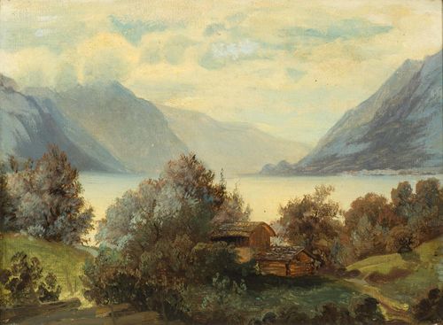 Circle of CALAME, ALEXANDRE (Vevey 1810 - 1864 Menton) View of a lake with a village in the foreground. Oil on paper laid on canvas. 21.2 x 28.4 cm.