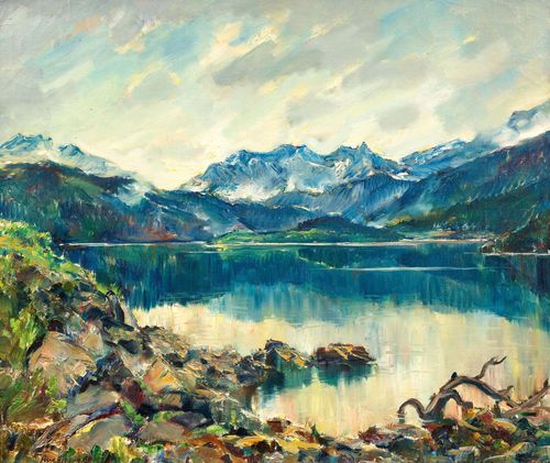 HERZOG, AUGUST (Fruthwilen 1885 - 1959 Münsterlingen) "Stiller Tag im Engadin" / Am Silsersee. 1929. Oil on canvas. Signed and dated lower left: Aug. Herzog. 1929. 60 x 70.5 cm.
