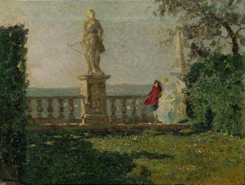 CIARDI, EMMA (1878 Venice 1933) Park landscape with figures. Oil on canvas. Signed and dated lower left: Emma Ciardi 1917 (?). 50 x 65 cm.