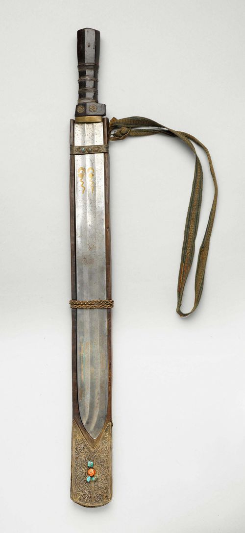 A SWORD. Tibet, probably 19th/20th c. Length: 42 cm (blade), 54.5 cm (sword), 52 cm (sheath). Wooden hilt wrapped with wire and wooden sheath with stone inlays (glued).