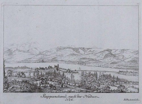 RAPPERSWIL.-Johann Jakob Aschmann (1747-1809). Rapperschweil, nach der Natur. No.6. J.Aschman fec.. Etching. 13.8 x 21.2 cm. - Attractive uncut exemplar with full margin. The sheet edges with minor browning. Single tear in upper margin. - Good condition. - From the collection of Hans Jakob Zwicky, Thalwil.