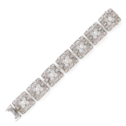 PEARL AND DIAMOND BRACELET, ca. 1935. Platinum. Of 6 rectangular links, each set with 1 cultured pearl of ca. 6.5 mm Ø, replaced later, and set throughout with 167 old-cut and single-cut diamonds weighing ca. 7.40 ct. W ca. 2.1 cm, L ca. 19 cm.
