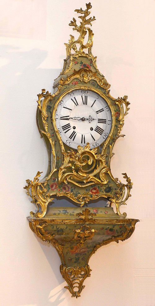 PAINTED CLOCK ON PLINTH,Louis XV, France, 18th century. Curved wooden case painted with flowers on a green ground. Opulent bronze mounts designed as leaves, volutes and rocailles. White enamel dial "en cuvette". Movement with verge escapement striking the 1/2-hour on bell. H 133 cm. Bronze, later gilt. Requires some restoration.