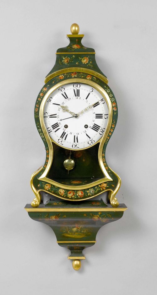PAINTED CLOCK ON PLINTH WITH DATE,Neuchâtel, 18th century. Curved, wooden case, painted green and decorated with flowers and a hunting scene. White enamel dial. Movement with verge escapement striking the 1/2-hour on 2 bells.  Repetition on demand. H 94 cm. Plinth and top, later.
