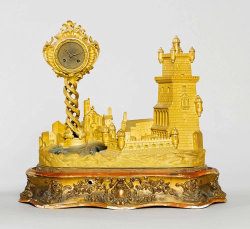 TABLE CLOCK WITH AUTOMATON,France, middle of the 19th century. Bronze. Designed as a harbour with a fortress and a boat rocking in the waves. Movement striking the 1/2-hour on bell. H including wooden plinth 49 cm. Glass dome, missing.
