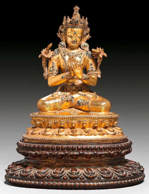 AN EXCELLENT GILT BRONZE FIGURE OF MANJUSHRI. Nepal, early 15th c. Height 19 cm. From a German Private collection.