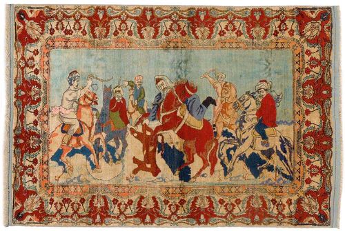 ANATOLIAN SILK antique.Pictorial carpet with a hunting motif in harmonious colours, red, beige border, good condition, 170x115 cm.