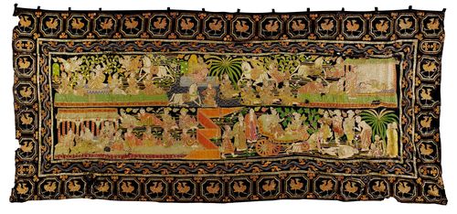 A LARGE KALAGA APPLIQUÉ EMBROIDERY ON BLACK VELVET WITH GOLD THREAD AND SEQUINS, DEPICTING THE LIFE OF THE BUDDHA. Burma, ca. 1900, 140x390 cm. Minor damage.