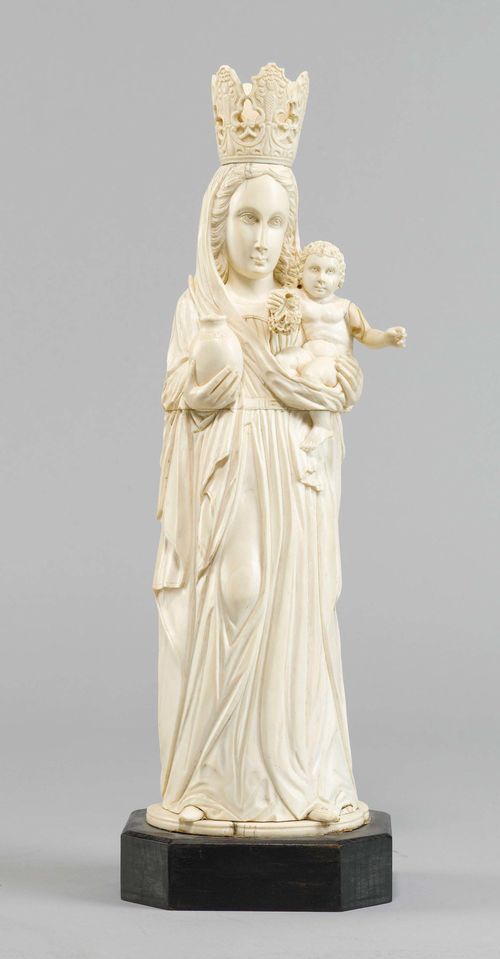 IVORY MADONNA AND CHILD,after the Gothic style, 20th century. Fully carved in the round. Mounted on an octagonal plinth.  H Madonna 45 cm. The child’s left arm repaired.