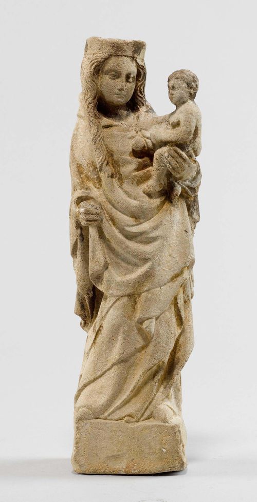 MADONNA AND CHILD,Gothic style, France/Lothringen. Carved sandstone.  H 35 cm. Provenance: Private collection, Switzerland.