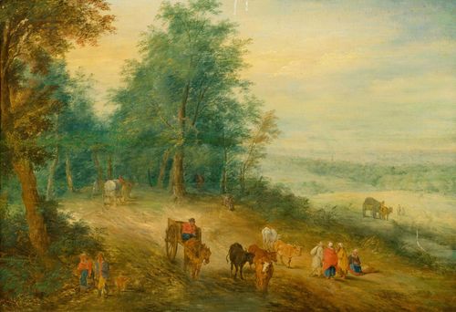 Follower of BREUGHEL, JAN THE ELDER (Brussels 1568 - 1625 Antwerp) A broad landscape with travellers. Oil on panel. 39.5 x 57 cm. Provenance: Swiss private collection.
