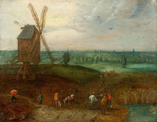 Follower of BRUEGHEL, JAN THE ELDER (Brussels 1568 - 1625 Antwerp) Landscape with pond and mill. Oil on panel. 20 x 25.5 cm. Provenance: - Acquired 19.5.1979 (according to label verso). - Collection of Dr. Walter and Booppa Goor.