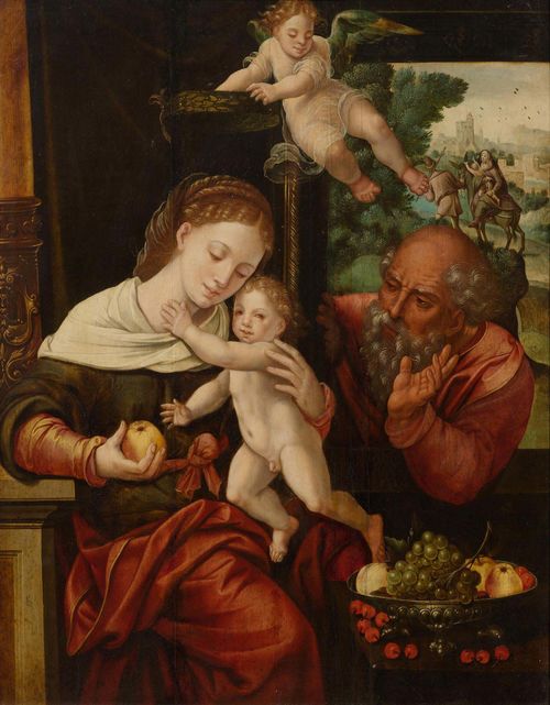 Workshop of COECKE VAN AELST, PIETER (Aalst 1502 - 1550 Brussels) The Holy Family. Oil on panel. 87.5 x 68.5 cm. Provenance: Swiss private collection .