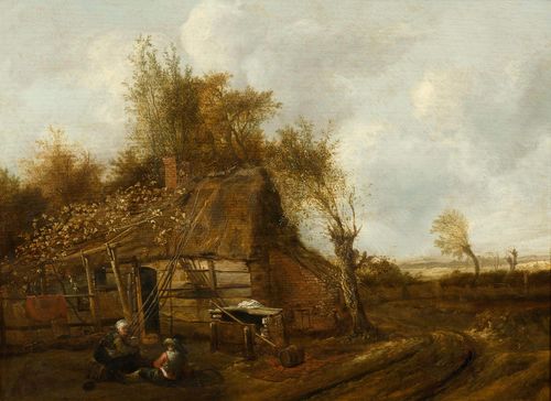 Circle of DECKER, CORNELIS (Haarlem, circa 1620  -1678) Landscape with farmhouse. Oil on panel. 43.7 x 59.7 cm. Provenance: - Collection of Dr. Leemann-Geymüller, Arlesheim (label verso). - Swiss private collection.
