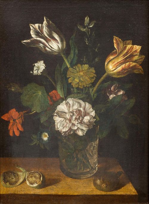 GERMAN SCHOOL, 18TH CENTURY Still life of flowers with figs on a table. Oil on canvas, laid on board. Remains of a signature, lower left. 38 x 28 cm. Provenance: Swiss private collection.