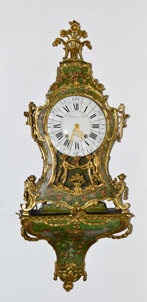 CLOCK ON PLINTH,Louis XVI, France, end of the 18th century. The dial signed J.MARTEAU FIL AINÉ. Curved, wooden case, decorated with flowers on a green ground. Bronze mounts. White "treize pièces" enamel dial. Movement striking the 1/2-hour on bell. H 115 cm. Losses in the paint, in part redone. Key of the door is missing.