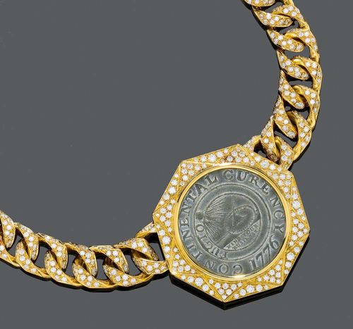 COIN AND BRILLIANT-CUT DIAMOND NECKLACE, BULGARI, 1980s. Yellow gold 750, 235g Fancy, solid necklace, set with 1 large antique 1776 pewter dollar coin in the middle, in a decorative, star-shaped  setting, adorned with 104 brilliant-cut diamonds. The decorative part is mounted on a classic, solid panzer chain entirely set with ca. 350 brilliant-cut diamonds. Total weight of the brilliant-cut diamonds ca. 10.00 ct. Signed Bulgari Italy Roma. Engraving on the back: "Pewter Dollar 1776". L 39 cm. With original case.
