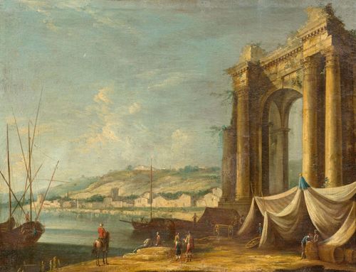18th century follower of MARIESCHI, MICHELE (1696 Venice 1743) Pair of works: Architectural capricci with figures. Oil on canvas. Each 55.5 x 72.5 cm. Provenance: Swiss private collection.