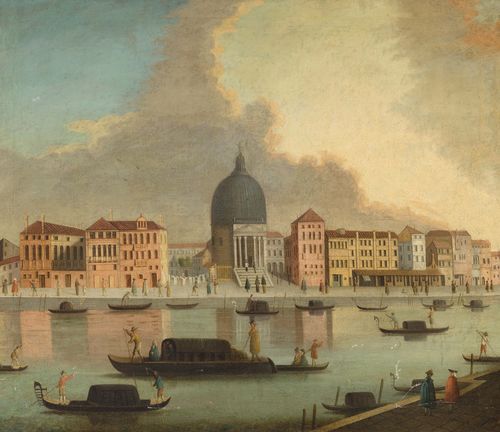 VENICE, LATE 18TH CENTURY Pair of works: Views of Venice. Oil on canvas. Each 87.5 x 102.5 cm. Provenance: Swiss private collection.