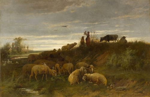 GEBLER, OTTO FRIEDRICH (Dresden 1838–1917 Munich) Family of shepherds in a broad landscape. Oil on canvas. Signed lower right: O. Gebler. 79.5 x 120 cm. Provenance: Swiss private collection.