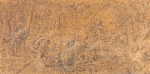 ROMANO, GIULIO (Rome 1499 - 1546 Mantua), circle of Hunting the Caledonian boar. Brown pen, with wash and heightened in white, on paper, primed brown. 25 x 51.1 cm. Provenance: Collection Nazarieff, Geneva