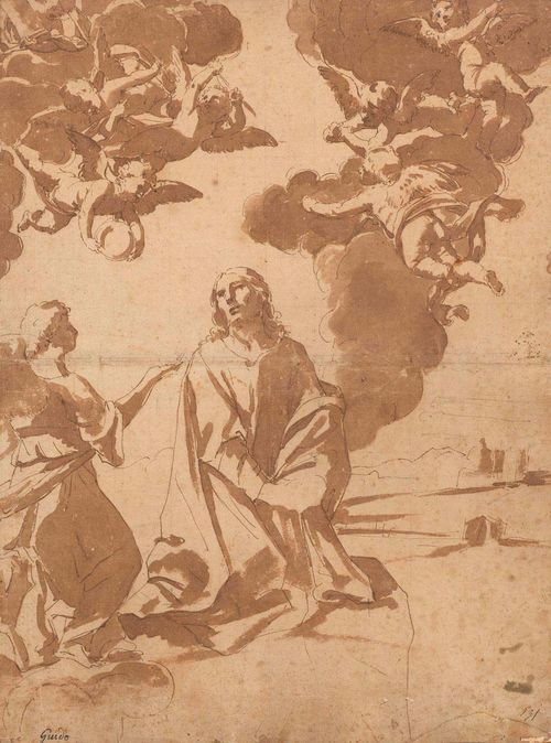 RENI, GUIDO (Calvenzano 1575 - 1642 Bologna), follower. Christ on the Mount of Olives, ca. 1607. Brown pen and brush. Squared in black chalk. Old inscription in black pen on lower left: Guido. Old num. on lower right: 131. Verso: old numbering in brown pen: a 17 (?). Old inscription in pencil: Presented by Mr. Moore. 54 x 42.5 cm. Framed. Compare: Stephen  Pepper, L'opera completa, Guido Reni, Cat 27, Ill. 28.