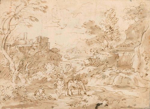 DUGHET, GASPARD (GASPARD POUSSIN) (1615 - 1675 Rome),  circle of Italian landscape with resting figures and horse. Brown pen, brown wash, traces of black chalk. 19.6 x 26.1 cm. Gold frame.