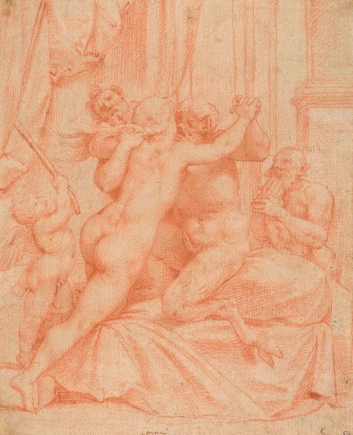 CESARI, GUISEPPE dit IL CAVALIERE D'ARPINO (Arpino 1568 - 1640 Rome) Nymph with putto and three satyrs, one playing a reed pipe. Drawing in red chalk. Inscription in brown pen on lower margin: Caracci; monogram on lower right: C. 25 x20 cm. Provenance: Collector's stamp: PM inside oval (recto), not identified Sotheby's London, July 8, 1998, lot 1 Collection Nazarieff, Geneva
