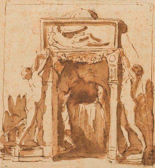 ITALIAN, 17TH. CENTURY Two putti decorating a portal. Brown pen, brown wash. 15.6 x 14.4 cm.
