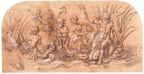 DE GHEYN, JACOB II. (Antwerp1565 - 1629 S'Gravenhage) circle of Neptune and his entourage. Black pen, heightened in white, on red chalked laid paper with eagle watermark, tag and monogram HIS. 13.5 x 27 cm. Provenance: - Collection Nazarieff, Geneva