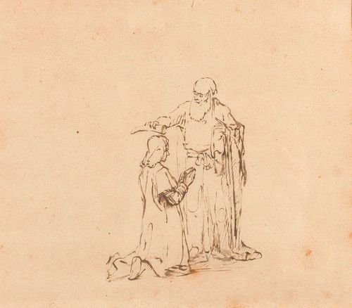 REMBRANDT, HARMENSZ VAN RIJN (Leiden 1606 - 1669 Amsterdam), workshop Samuel anoints David. Brown pen. 19.4 x 24 cm. Framed. Provenance: - Collection of the Princes of Liechtenstein - Auction Klipstein and Kornfeld, 16.6.1960, lot 215, plate 32 - Private collection Switzerland Literature: - Werner Sumowski, Drawings of the Rembrandt School, NY, 1979-92, vol. V, p.2847, ill. 75. See also vol. V, no. 1152.