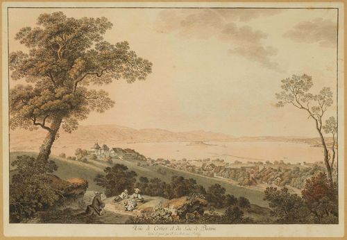 CANTON OF BERN.-Johann Ludwig Aberli (1723-1786). Vue de Cerlier et du Lac de Bienne Outline etching with original colour, 32.5 x 49 cm. With black pen outer line. Gold frame. – With text band and with margin on three sides around the outer line.