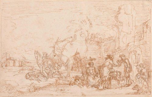 WOUWERMAN, PHILIPS (1619 Haarlem 1668), after Resting company near an inn. Brown pen. Old mount. 18 x 28.2 cm. Framed.