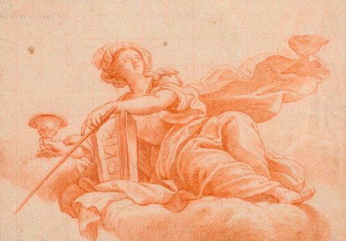 FRENCH, 17TH CENTURY Allegory of wisdom. Drawing in red chalk, squared in red chalk. Framing line in black pen. Old attribution on passepartout: Eustache le Sueur (1616-1655). Verso: inscribed and titled in pencil: Le Sueur; wisdom. 13.9 x 19.6 cm. Framed.