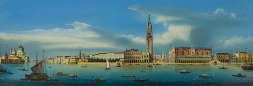 ITALY - VENICE.-Anonymous, circa 1850/60. View of Venice with St Mark’s Square. Outline etching with watercolour, heightened with white. 18 x 51 cm (image). Framed. – With professionally restored tear in centre of the picture. Otherwise in good condition with fresh colours.