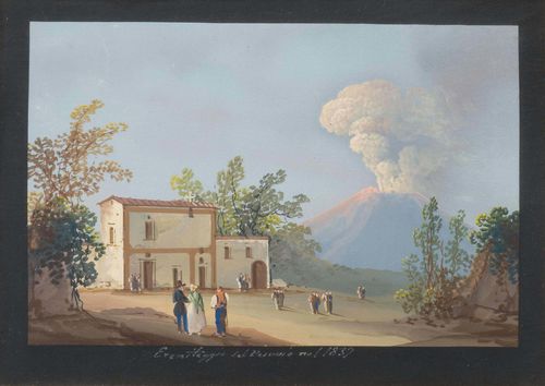 ITALY - VESUVIUS.-Lot of two views: 1. Nave del 1841  2.Eremitaggio del Vesuvio nel 1839. Gouaches, each ca. 10.5 x 15.5 cm. With black gouached margins. Each titled and dated below the image in white pen. Gold frames. Both in good condition.