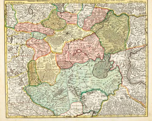 RUSSIA  - UKRAINE.-Lot of 4 maps: 1. Seutter Matthaeus, Augsburg, 1730. Imperii Moscovitici pars Australis in lucem edita... Copper engraved map with original colour, 50 x 58 cm. Strong colour, the upper margin trimmed to the plate edge. Minor traces of handling. Overall very fine and fresh condition. 2. G. de l' Isle bei Peter Schenk. Russie Moscovite, Tartarie Moscovite, Ukraine, pays des Cosaques. Copper engraved map with original colour. 48.5 x 60 cm. – Strong colour, with small margin on three sides, the right hand margin trimmed partly as far as the plate edge. Overall in fine and fresh condition. 3. Matthias Seutter, Augsburg circa 1730. Nova Mappa Geographica Maris Assoviensis Vel De Zabache Et Paludis Maeotidis accurate aeri incis et in luce edita... Copper engraved map with original colour, 49.5 x 58 cm. – Strong colour, margin on three sides, the top with fine margin along the plate edge. The margins slightly browned and with light traces of handling. Overall in fresh and fine condition. 4. Matthias Seutter, Augsburg, circa 1730. Mappa Imperii Moscovitici pars Septentrionalis adornata per Guilliemum de L’Isle. Copper engraved map with original colour, 50 x 58 cm. – Strong colour with small, in places fine margin around the plate edge. Very fine condition.