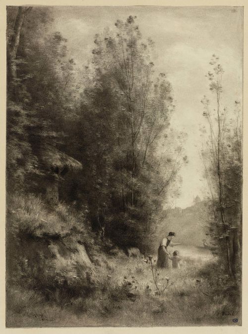 BADEL, JULES-LOUIS (Longirod 1840 - 1869 Geneva).Landscape of trees with woman and child by a watercourse. Black chalk. 34.8 x 25.6 cm. Signed lower right: J. Badel.