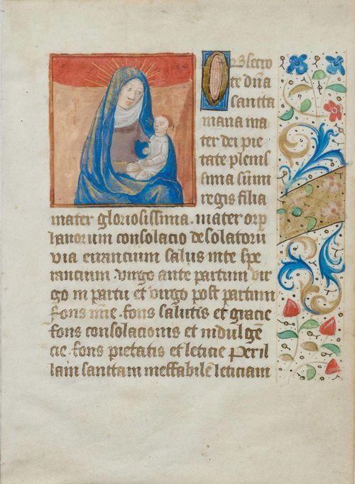 BOOK ILLUMINATION.-Page from a book of hours, circa 1500 with the Virgin Mary and the Infant Jesus. Gouache, heightened with gold on vellum 15.7 x 11.3 cm. With a 17-line text in Latin recto and verso and with an illuminated initial "O". The right hand margin with floral border. Verso Latin text with further small initials. Framed.