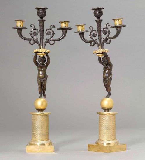 PAIR OF CANDELABRAS, Paris, 19th century. Bronze, gilt and brown patinated. Vase-shaped and cylindrical nozzles and 2 round drip plates. Cylindrical base with geometric decoration. H 52 cm.