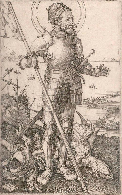 DÜRER, ALBRECHT (1471 Nuremberg 1528).St. Georg dismounted, ca. 1502/03. Copperplate on laid paper, no watermark (fragment?), 11.4 x 7.2 cm. Framed. Bartsch 53, Meder 55 a/b (of f), Schoch/Mende/Scherbaum 34. Beautiful, clear, silvery print with vertical glitch along upper right margin, from the scratch above the right hand side mountain as well as the houses down to the dragon. Very small margin along plate edge. Excellent condition.